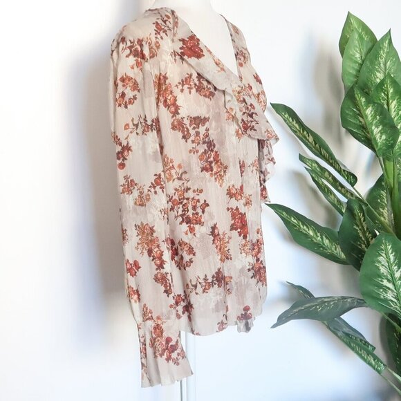 Peruvian Connection Beige Rusty Brown Floral Long Sleeve Ruffle Wrap Blouse Top - Picture 5 of 12